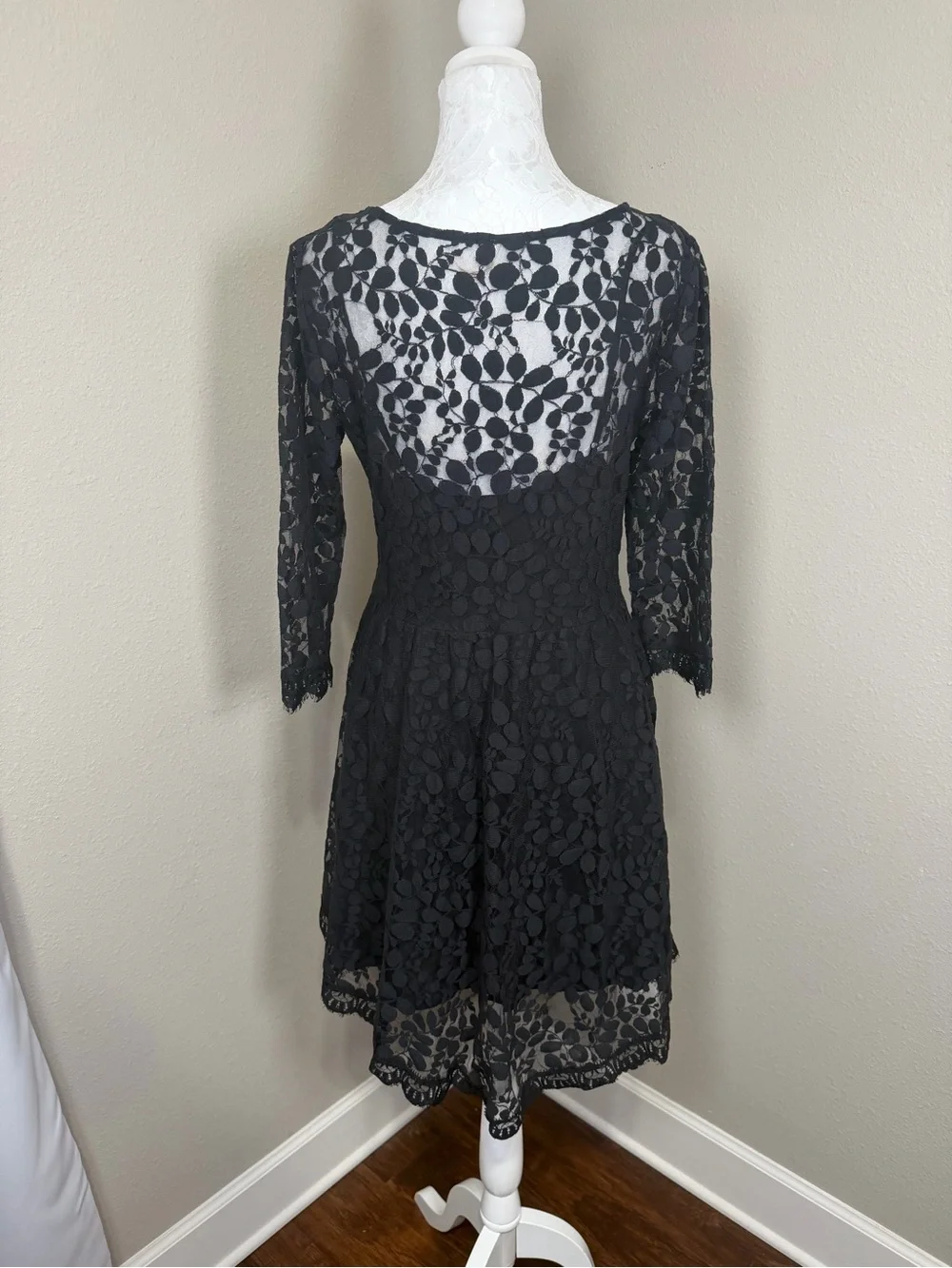 Free People Women’s Size 12 Black Lace Fit & Flare Dress Sheer 3/4 Sleeve Boho